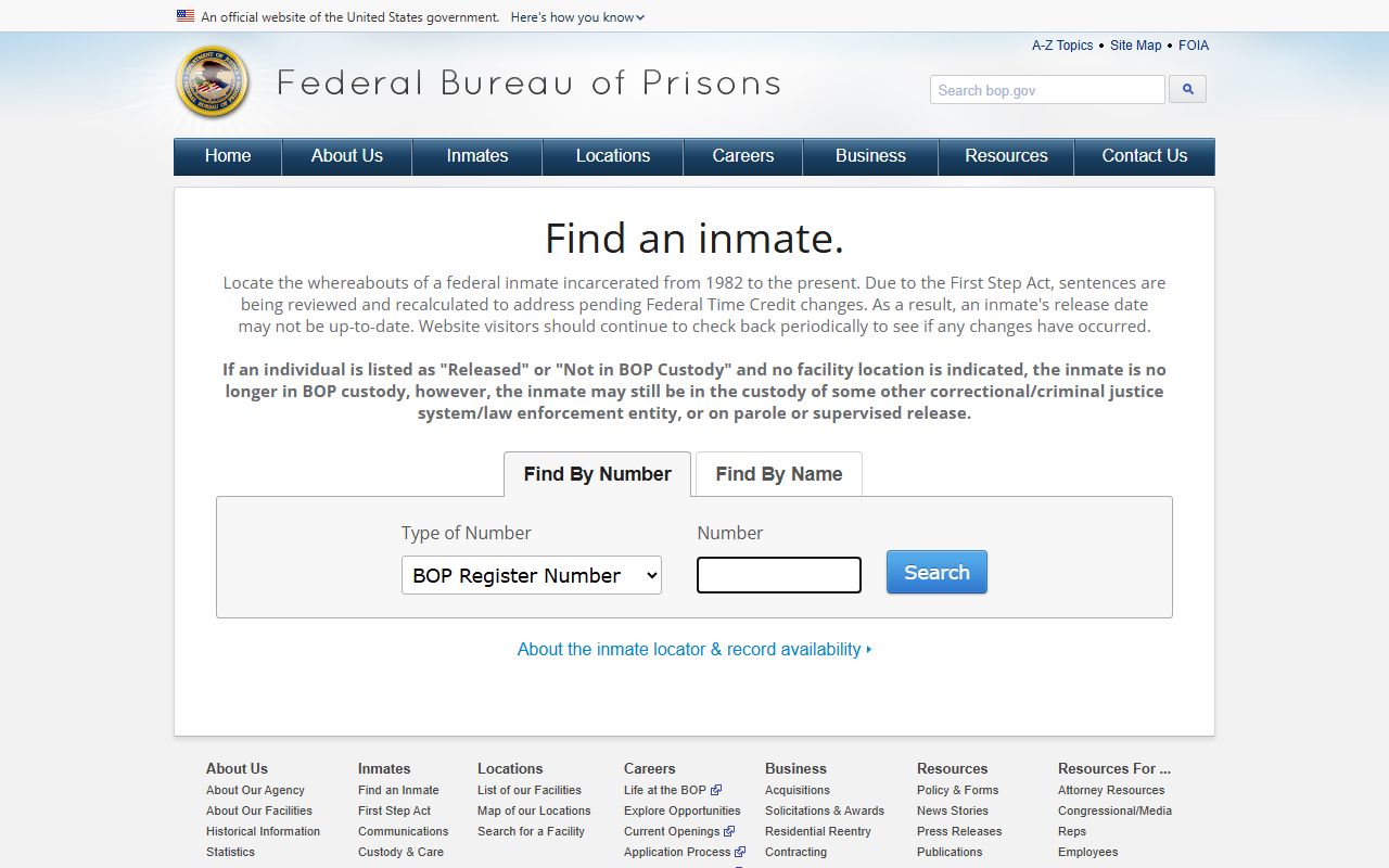Federal Bureau of Prisons inmate locator with number and name search options