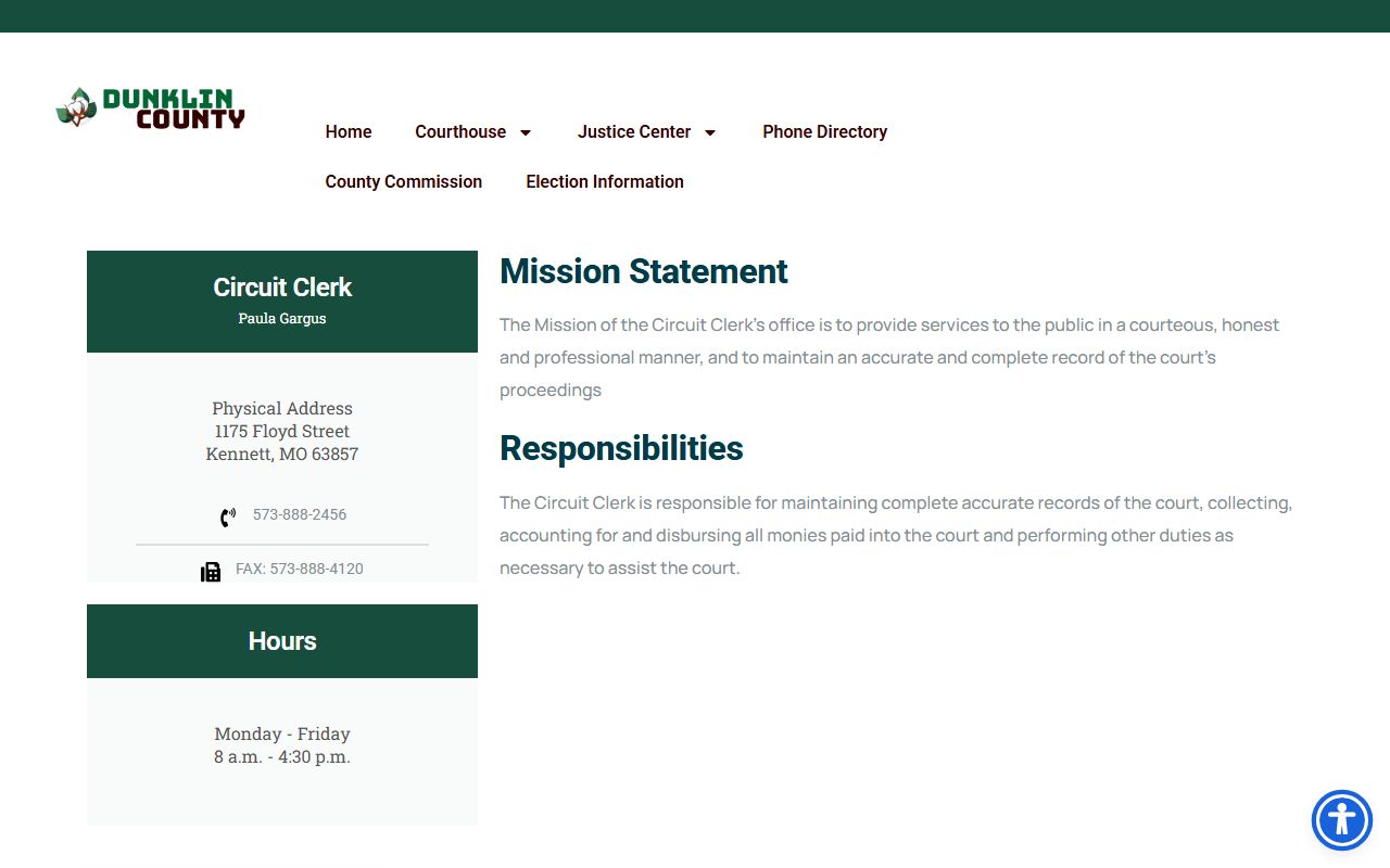 Dunklin County Circuit Clerk page for court record contact information