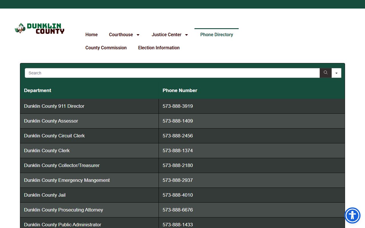 Dunklin County phone directory listing jail, sheriff, dispatch, prosecutor, and clerk numbers