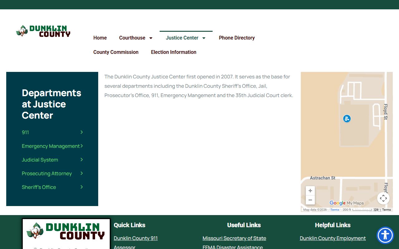 Dunklin County Justice Center page showing the jail and criminal justice offices in one building