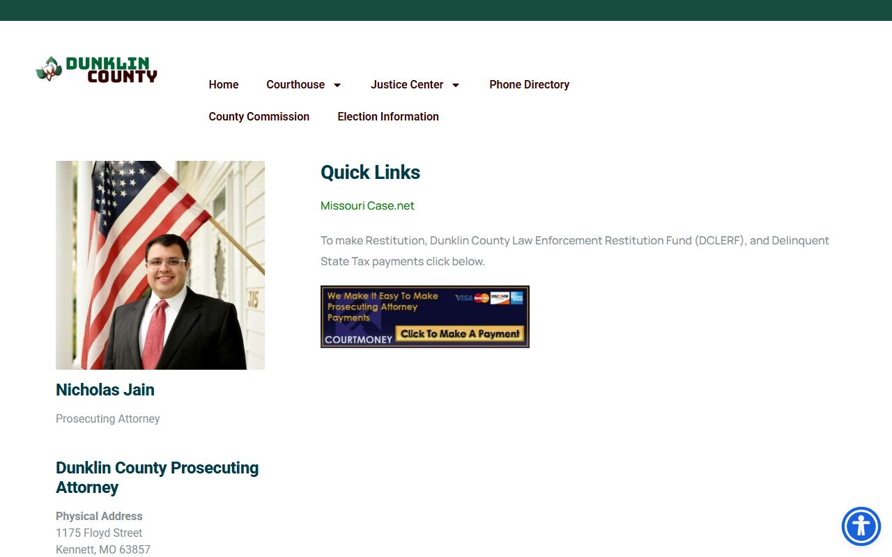 Dunklin County Prosecuting Attorney page with Nicholas Jain and Case.net link