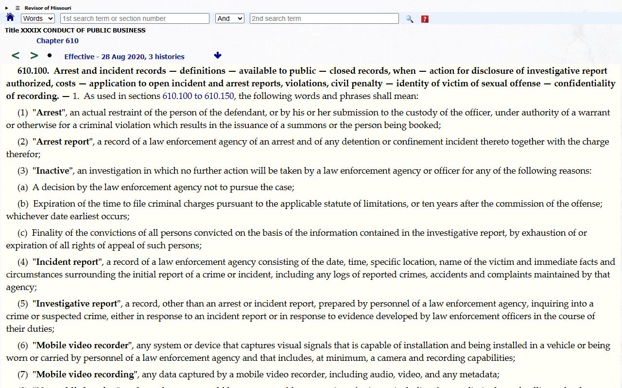 Missouri RSMo 610.100 arrest and incident record statute page