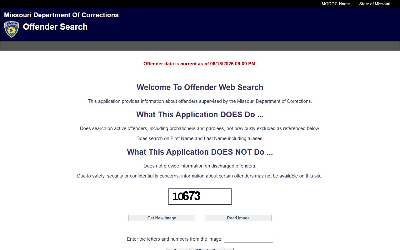 Missouri Department of Corrections offender search page for active offender lookup